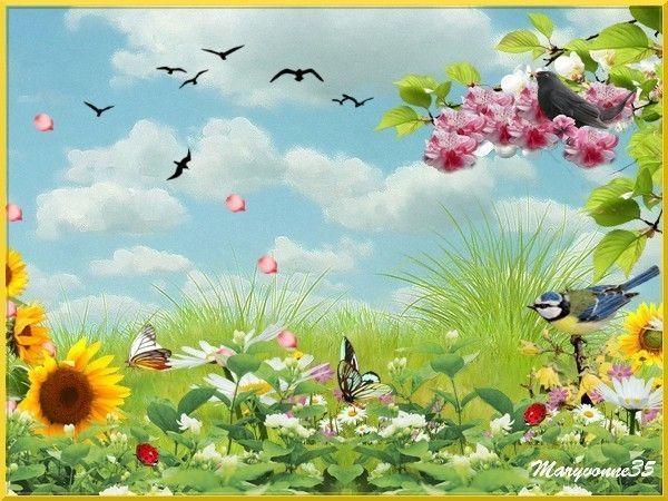 Paysage avec fleurs et oiseaux